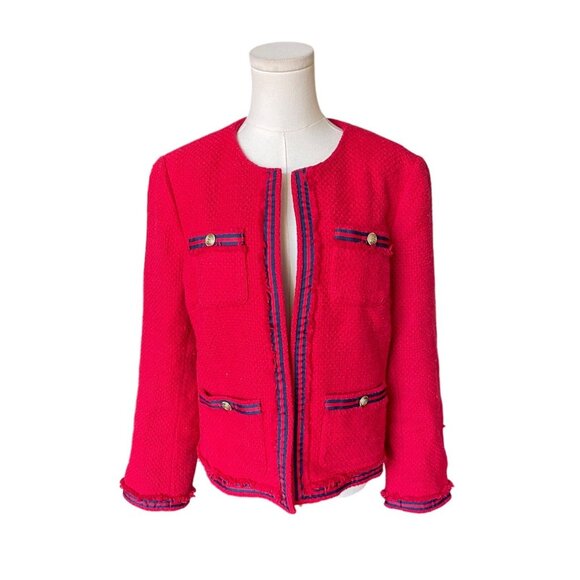 Talbots Tweed Red Blazer Size 14 Cotton Navy Gold Buttons Office Career Business - Picture 1 of 6